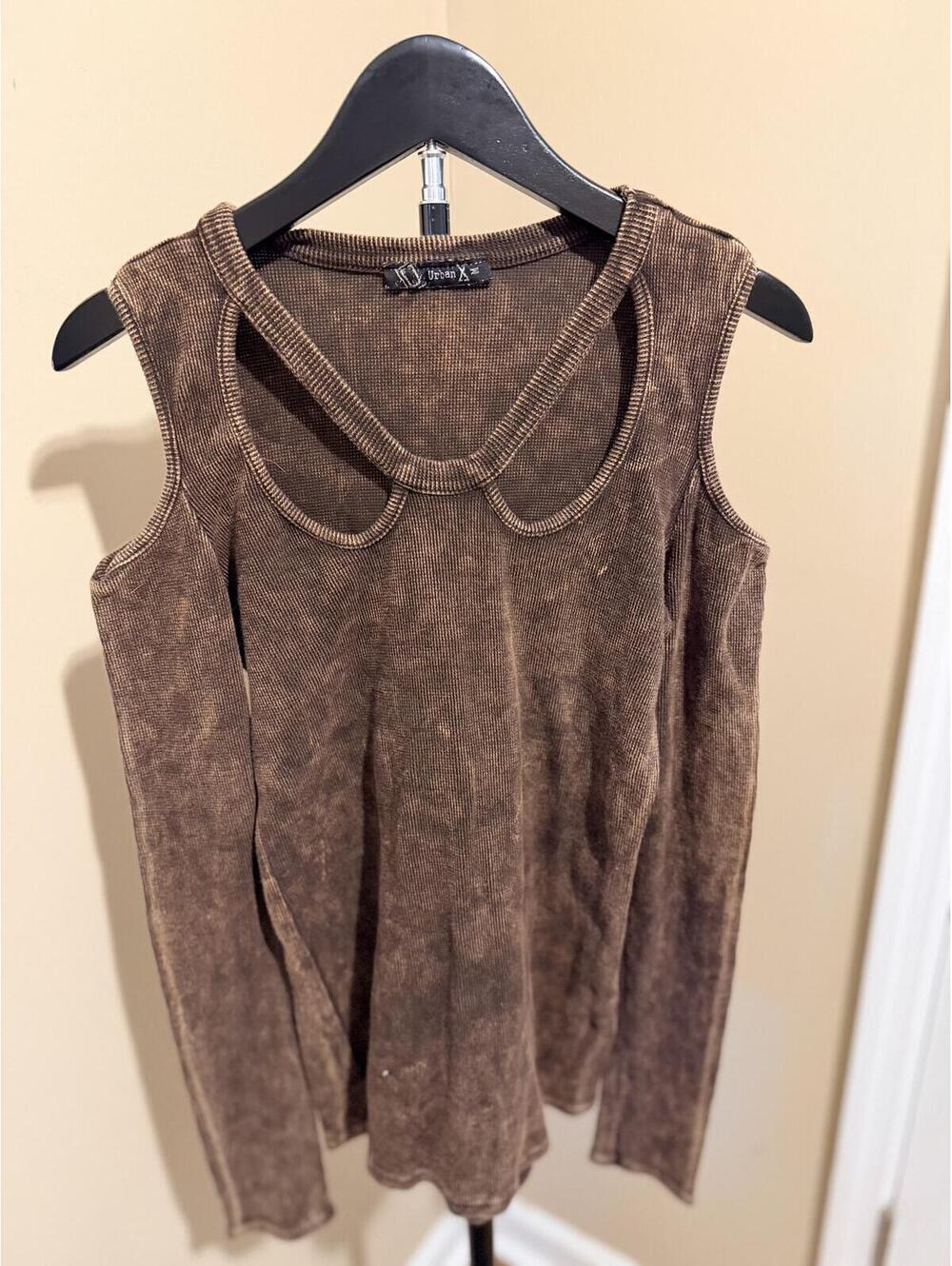 Urban X Brown Acid Wash Cutout Waffle Knit Tank Top M